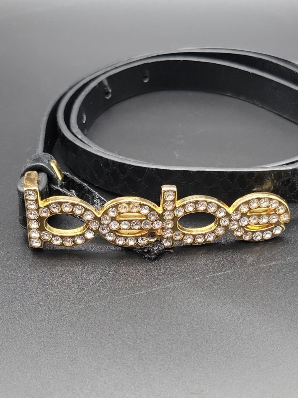 bebe Women's Fashion Belt P/S Black Skinny Animal Print Logo Rhinestone  36"